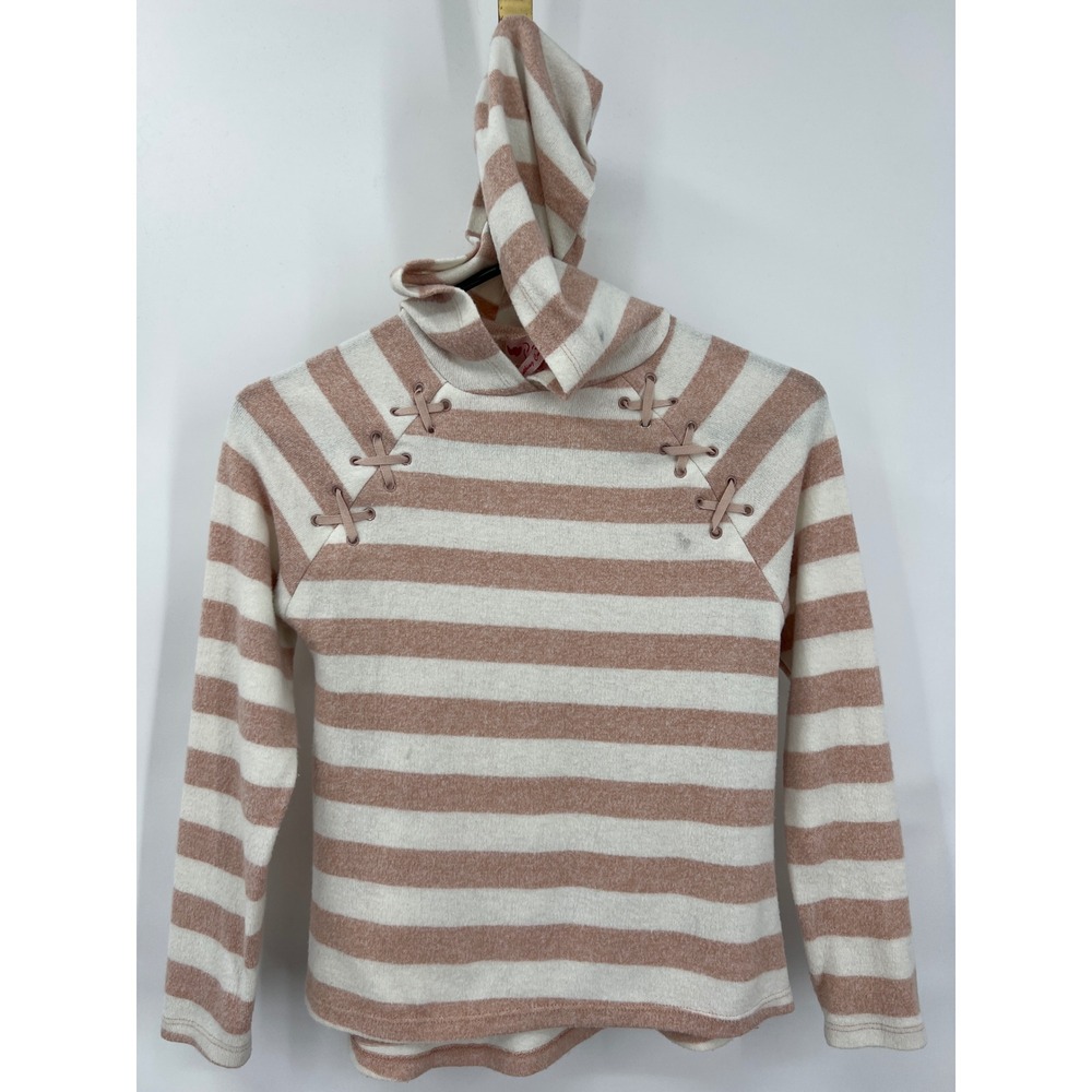 Poof! Girls S Pullover‎ Hoodie Pink Ivory Striped Lace up Detail Soft Cozy
